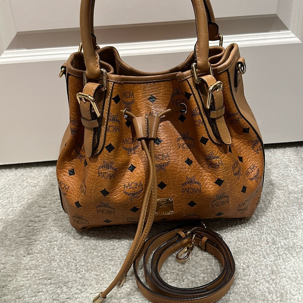 MCM Visetos cognac medium 2-way crossbody drawstring bucket handbag purse